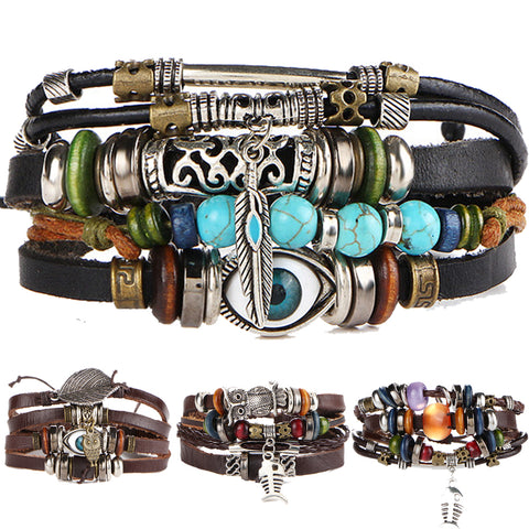 4PCS/SET Punk Vintage Pattern Leather Bracelet