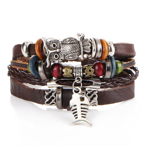 4PCS/SET Punk Vintage Pattern Leather Bracelet
