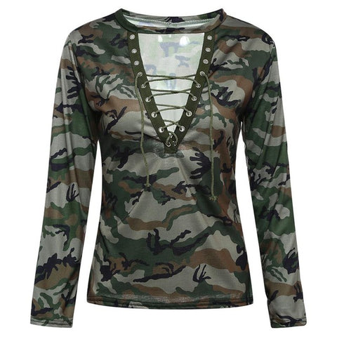 Women Sexy T-shirt Camouflage V Neck Lace Up