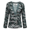 Women Sexy T-shirt Camouflage V Neck Lace Up
