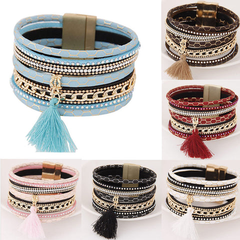 Multilayer Leather Tassel Magnetic Braided Bracelet