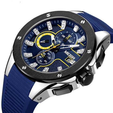 MEGIR- Men Sport Watch Chronograph Silicone Strap Quartz Military