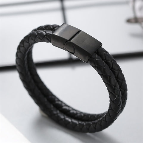 J.K 4 sizes Trendy Multilaye Weave Black Leather