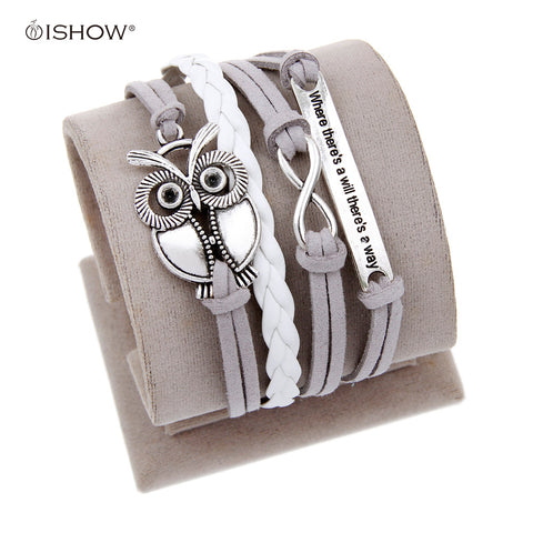 Antique Owl Engrave Epigram Charm Leather Bracelet