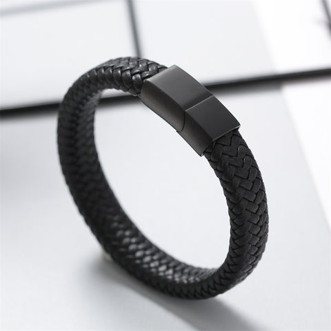 J.K 4 sizes Trendy Multilaye Weave Black Leather